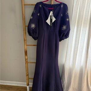 Badgley Mischka Deep Purple Beaded Puff-Sleeve Maxi Dress